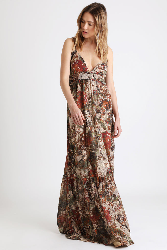 Berenice - Robe Longue Bordeaux Et Beige