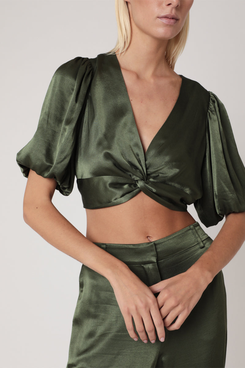 Crop Top Uni Noue Devant - Khaki