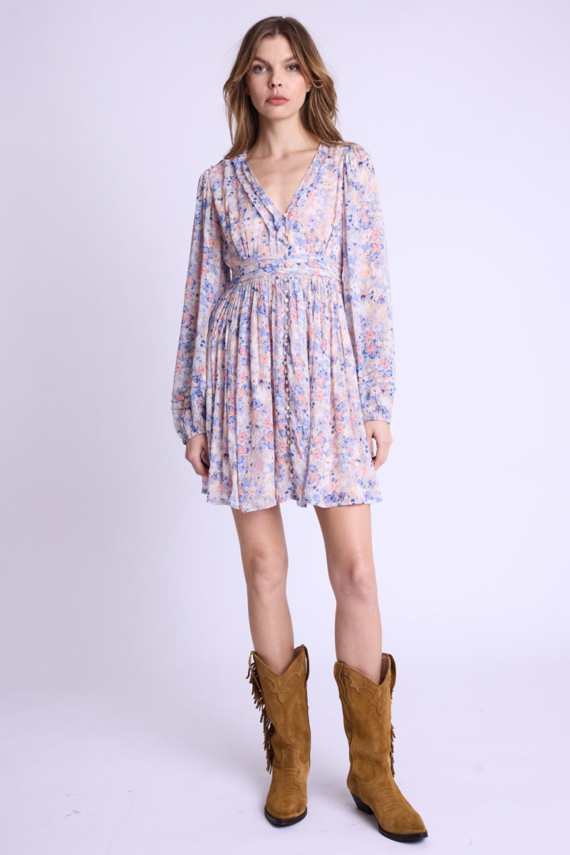 Robe Courte Col V Boutons Dvt - Gardenprint