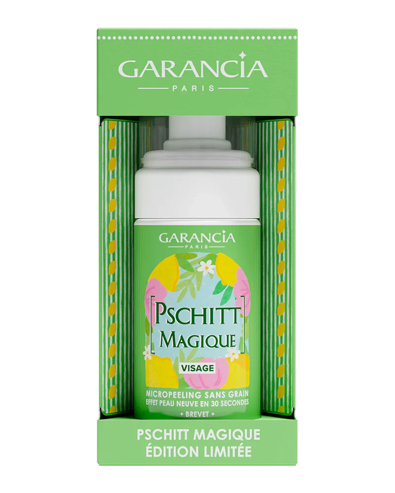 Micropeeling sans grain Pschitt Magique de Garancia en édition limitée, présenté dans son coffret vert illustré de citrons et de fleurs pour un effet peau neuve en 30 secondes.