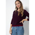 Pull Col Bateau Loose Lindsay Rayures Marine / Burgundy, 100% Cachemire, 2 Fils, Jersey - Femme - Perfect Cashmere - The Bradery