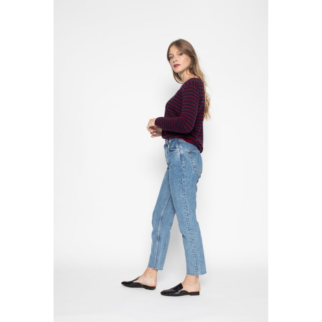 Pull Col Bateau Loose Lindsay Rayures Marine / Burgundy, 100% Cachemire, 2 Fils, Jersey - Femme - Perfect Cashmere - The Bradery