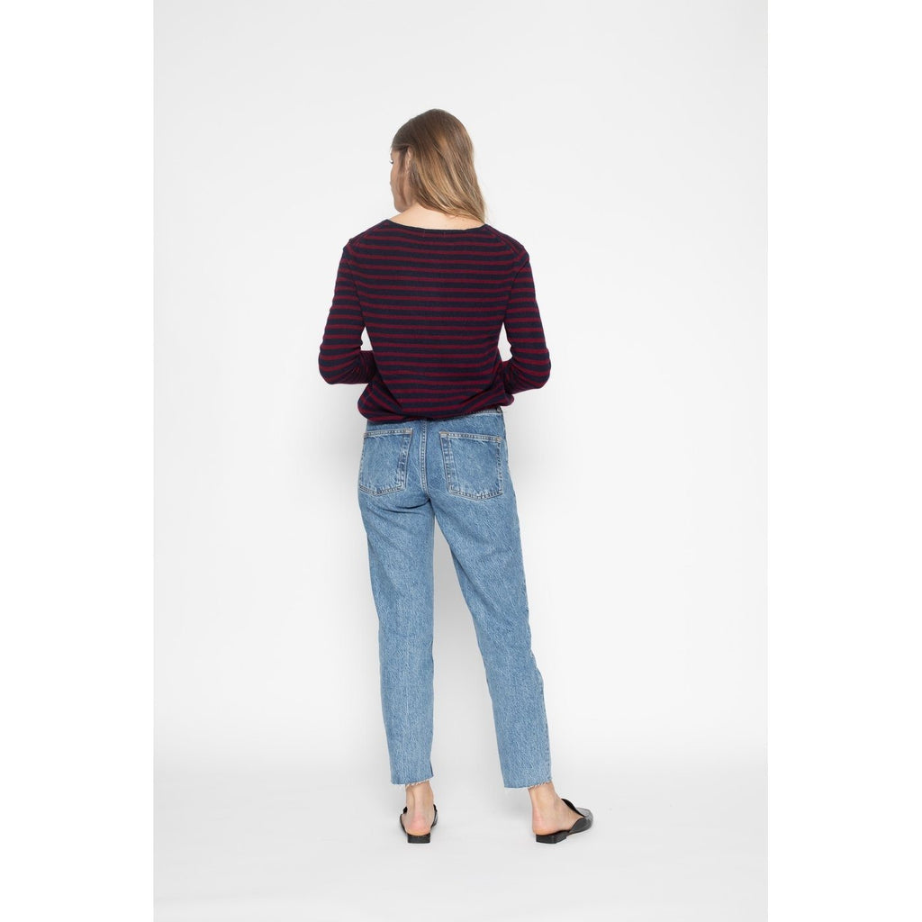 Pull Col Bateau Loose Lindsay Rayures Marine / Burgundy, 100% Cachemire, 2 Fils, Jersey - Femme - Perfect Cashmere - The Bradery