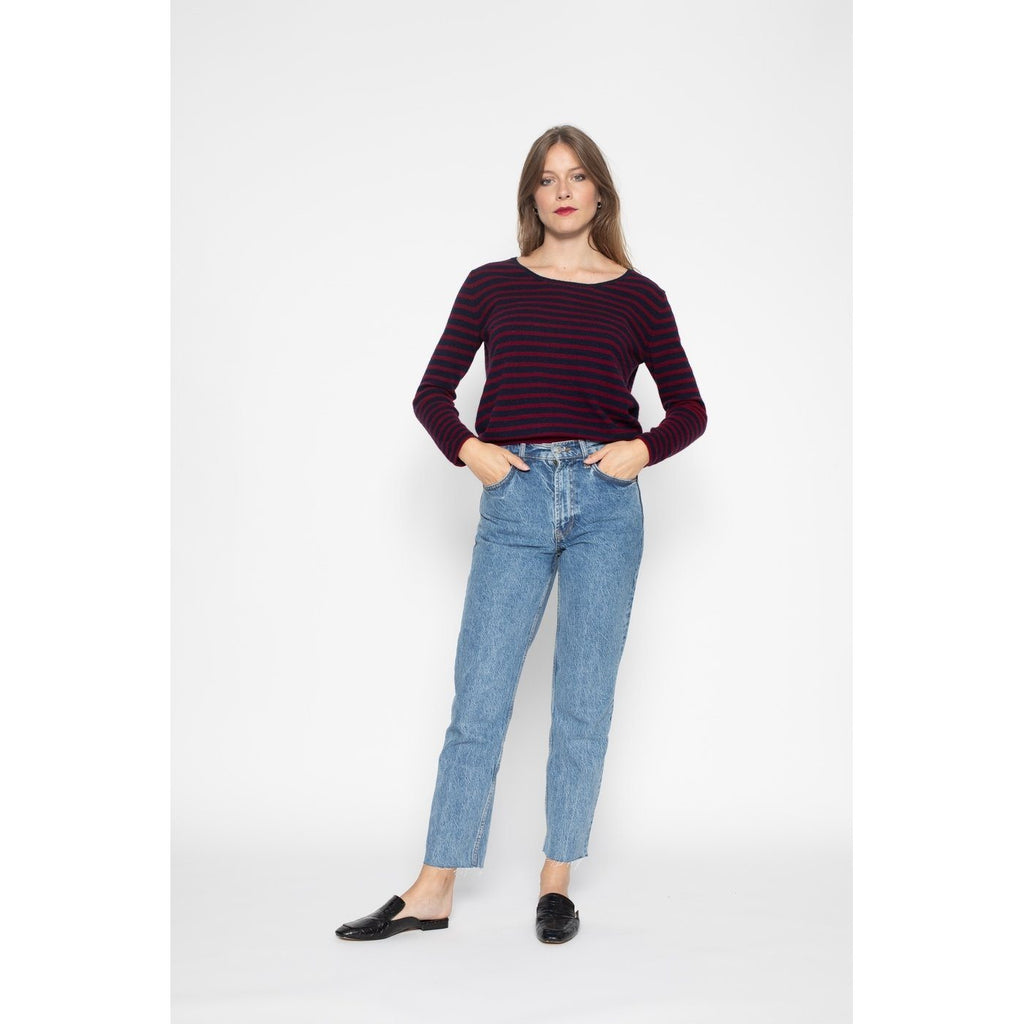 Pull Col Bateau Loose Lindsay Rayures Marine / Burgundy, 100% Cachemire, 2 Fils, Jersey - Femme - Perfect Cashmere - The Bradery