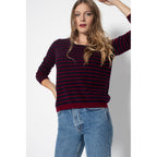 Pull Col Bateau Loose Lindsay Rayures Marine / Burgundy, 100% Cachemire, 2 Fils, Jersey - Femme - Perfect Cashmere - The Bradery