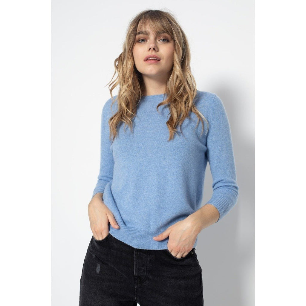 Pull Col Rond Avec Boutons Dans Le Dos Vanessa Bleu Ciel, 100% Cachemire, 2 Fils, Jersey - Femme - Perfect Cashmere - The Bradery