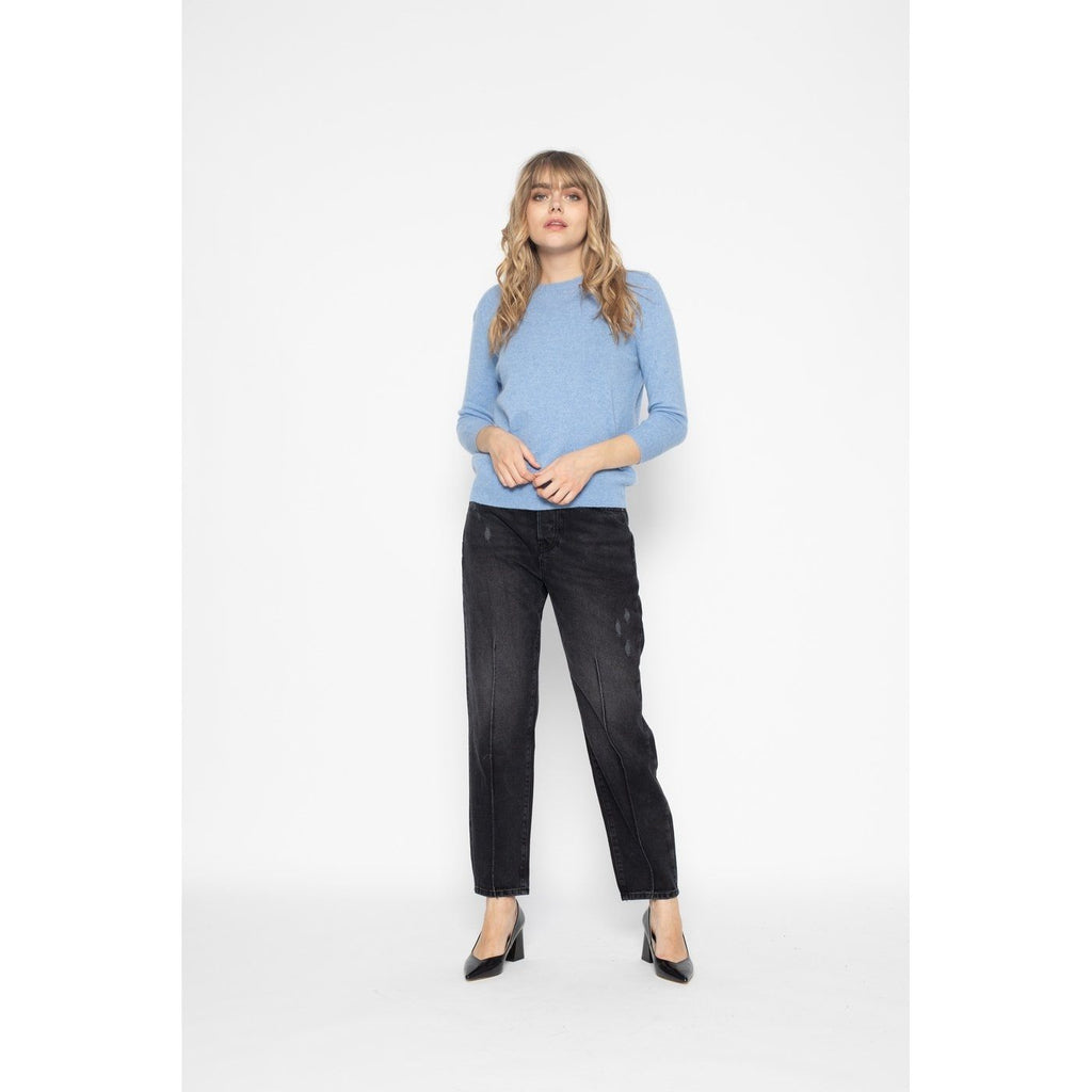 Pull Col Rond Avec Boutons Dans Le Dos Vanessa Bleu Ciel, 100% Cachemire, 2 Fils, Jersey - Femme - Perfect Cashmere - The Bradery
