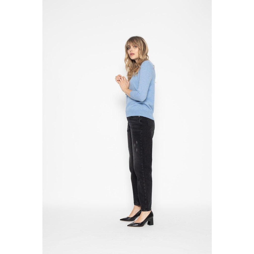 Pull Col Rond Avec Boutons Dans Le Dos Vanessa Bleu Ciel, 100% Cachemire, 2 Fils, Jersey - Femme - Perfect Cashmere - The Bradery
