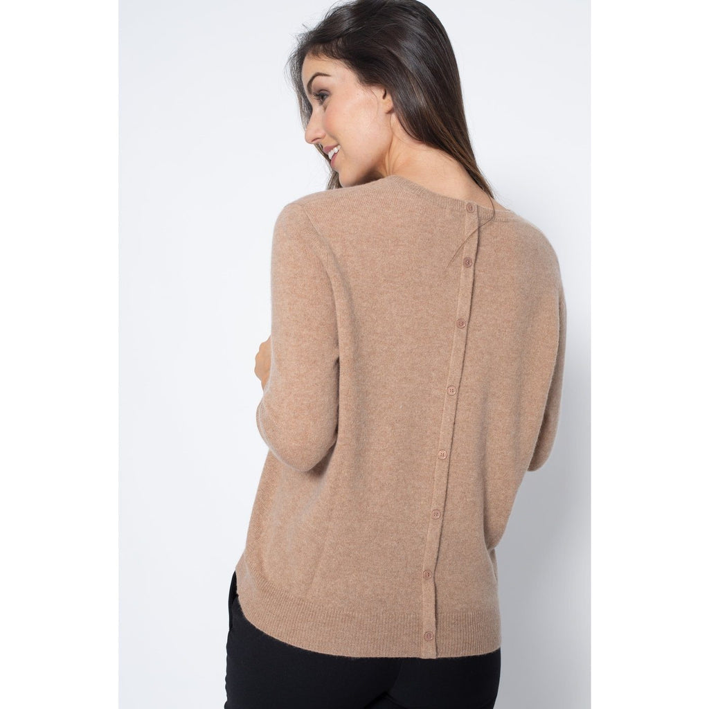 Pull Col Rond Avec Boutons Dans Le Dos Vanessa Camel, 100% Cachemire, 2 Fils, Jersey - Femme - Perfect Cashmere - The Bradery