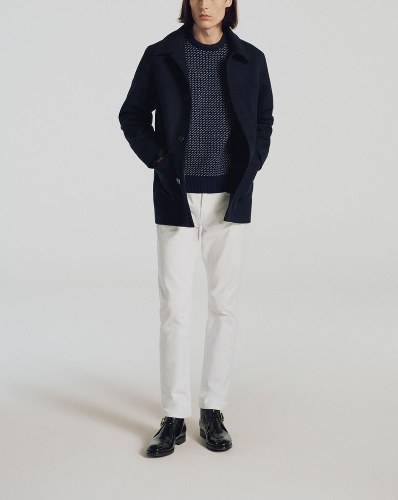 Pull Col Rond Bleu Marine En Laine Vierge - Bleu Marine, Points Jersey Écru - De Fursac - The Bradery