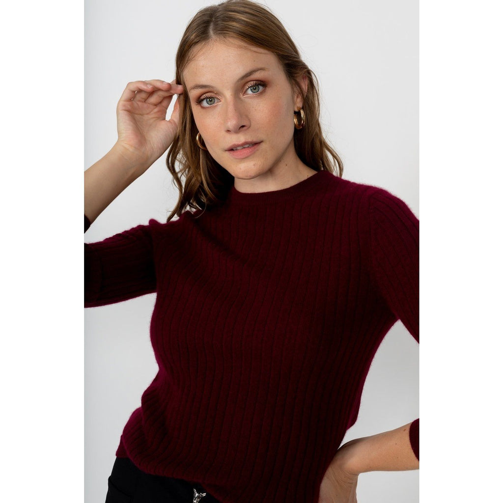 Pull Col Rond Kylie Burgundy, 100% Cachemire, 2 Fils, Côtes Traditionelles - Femme - Perfect Cashmere - The Bradery