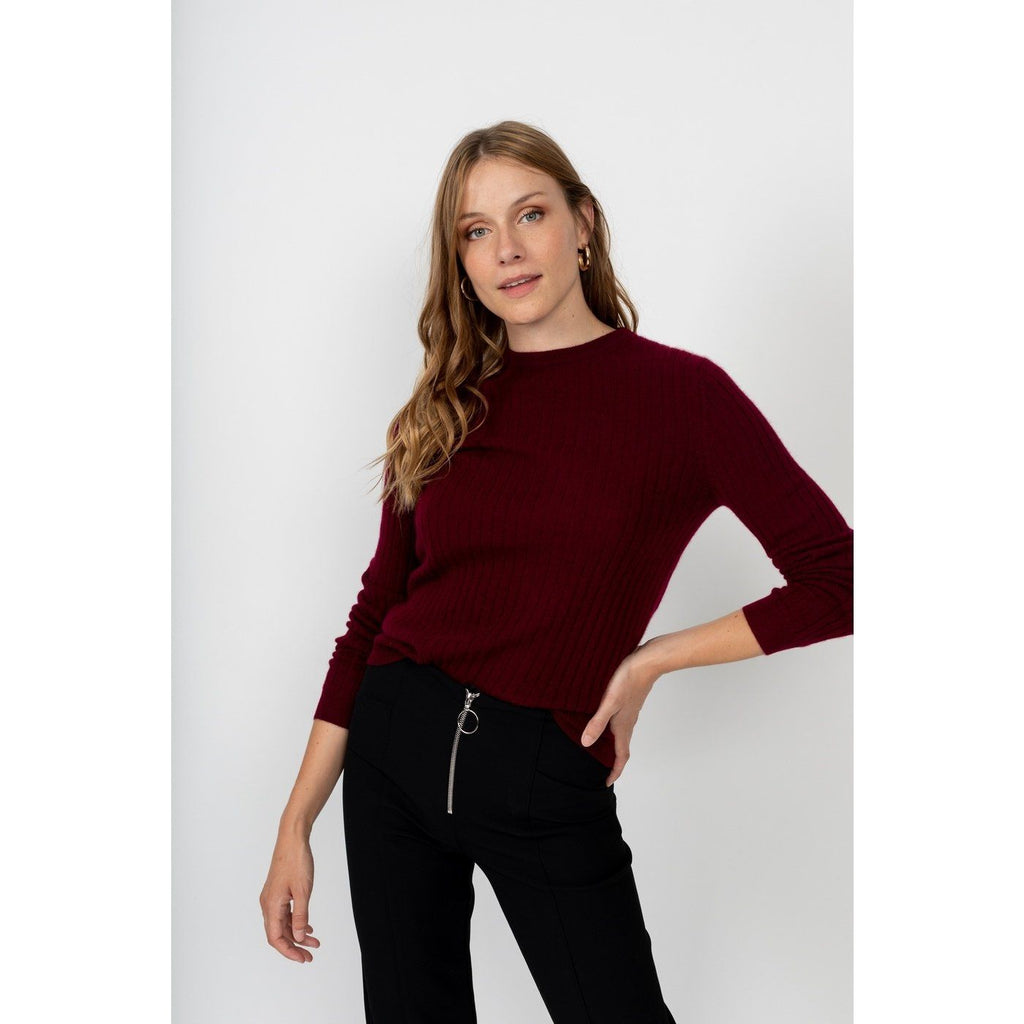 Pull Col Rond Kylie Burgundy, 100% Cachemire, 2 Fils, Côtes Traditionelles - Femme - Perfect Cashmere - The Bradery