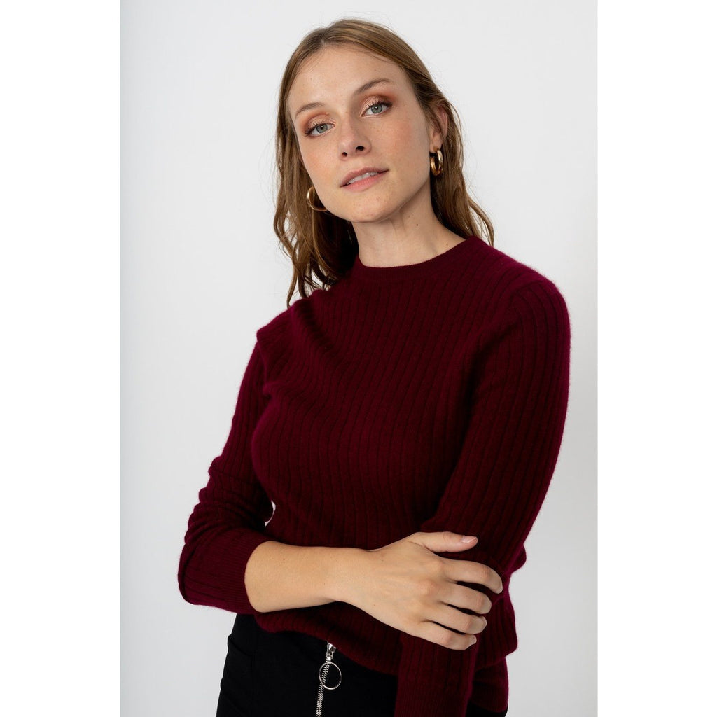 Pull Col Rond Kylie Burgundy, 100% Cachemire, 2 Fils, Côtes Traditionelles - Femme - Perfect Cashmere - The Bradery