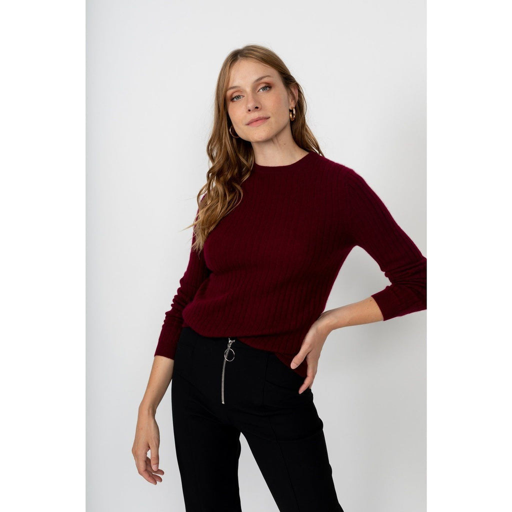 Pull Col Rond Kylie Burgundy, 100% Cachemire, 2 Fils, Côtes Traditionelles - Femme - Perfect Cashmere - The Bradery