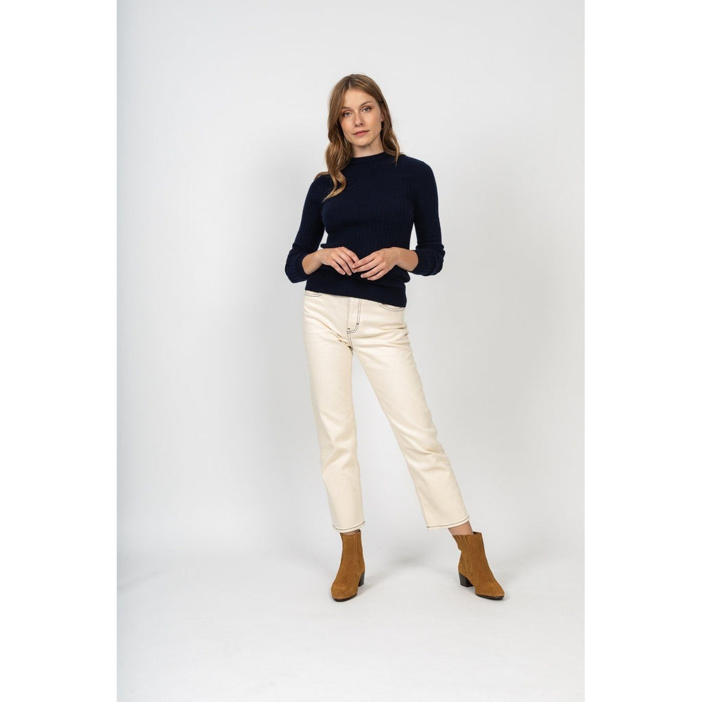 Pull Col Rond Kylie Marine, 100% Cachemire, 2 Fils, Côtes Traditionelles - Femme - Perfect Cashmere - The Bradery