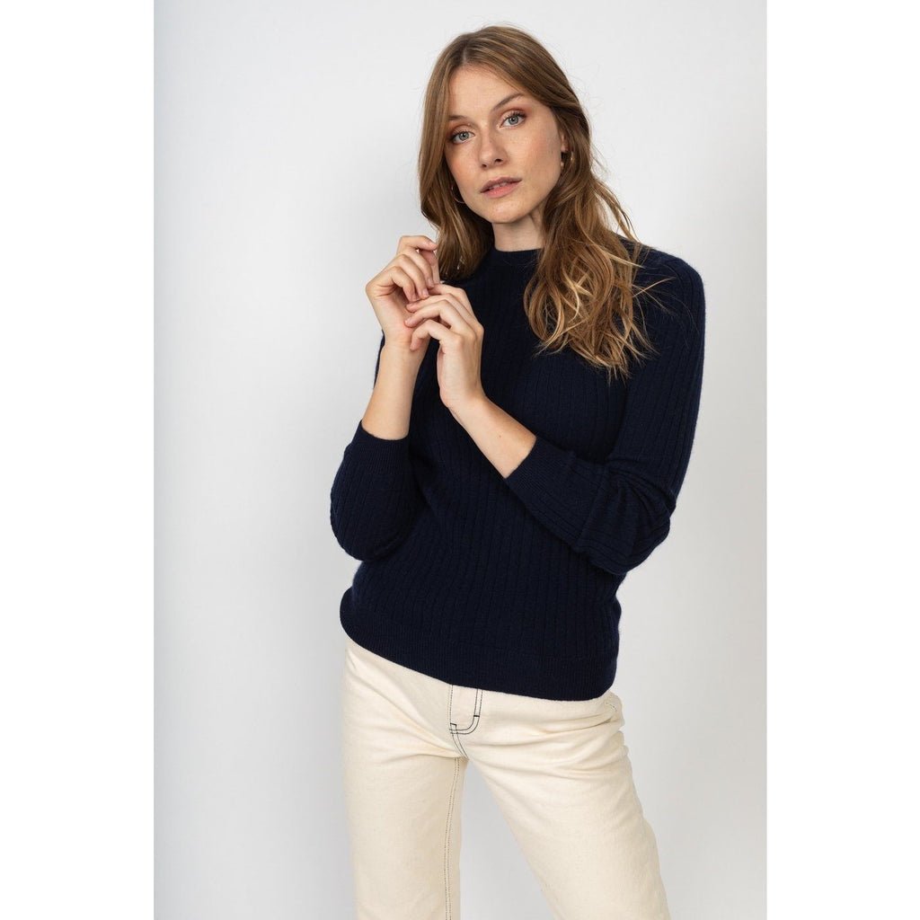 Pull Col Rond Kylie Marine, 100% Cachemire, 2 Fils, Côtes Traditionelles - Femme - Perfect Cashmere - The Bradery