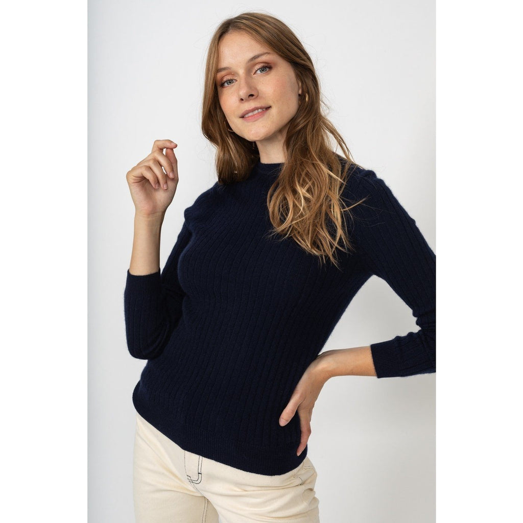 Pull Col Rond Kylie Marine, 100% Cachemire, 2 Fils, Côtes Traditionelles - Femme - Perfect Cashmere - The Bradery