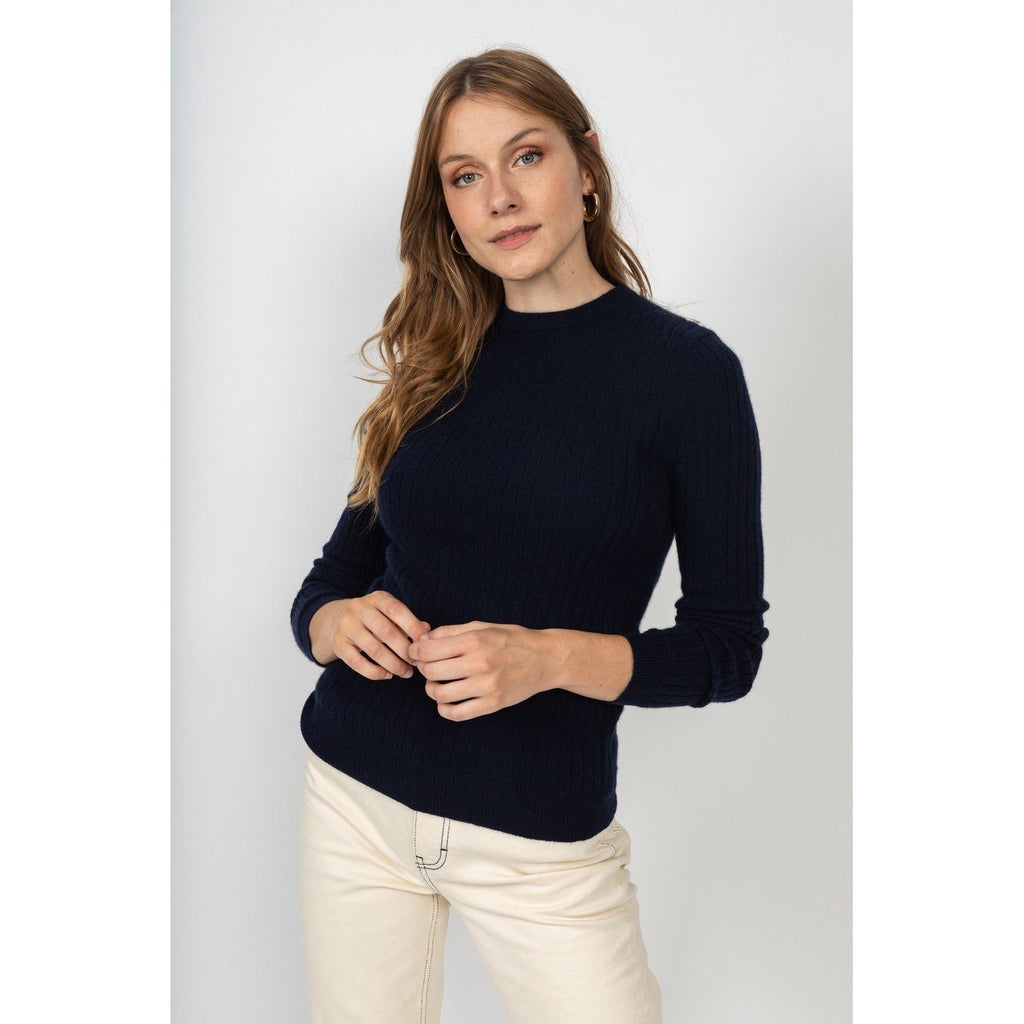 Pull Col Rond Kylie Marine, 100% Cachemire, 2 Fils, Côtes Traditionelles - Femme - Perfect Cashmere - The Bradery