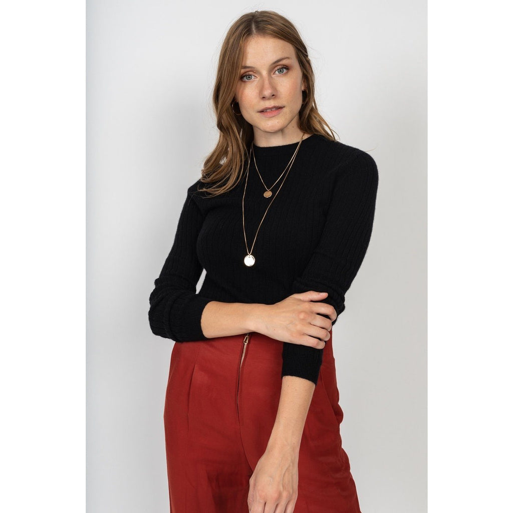 Pull Col Rond Kylie Noir, 100% Cachemire, 2 Fils, Côtes Traditionelles - Femme - Perfect Cashmere - The Bradery