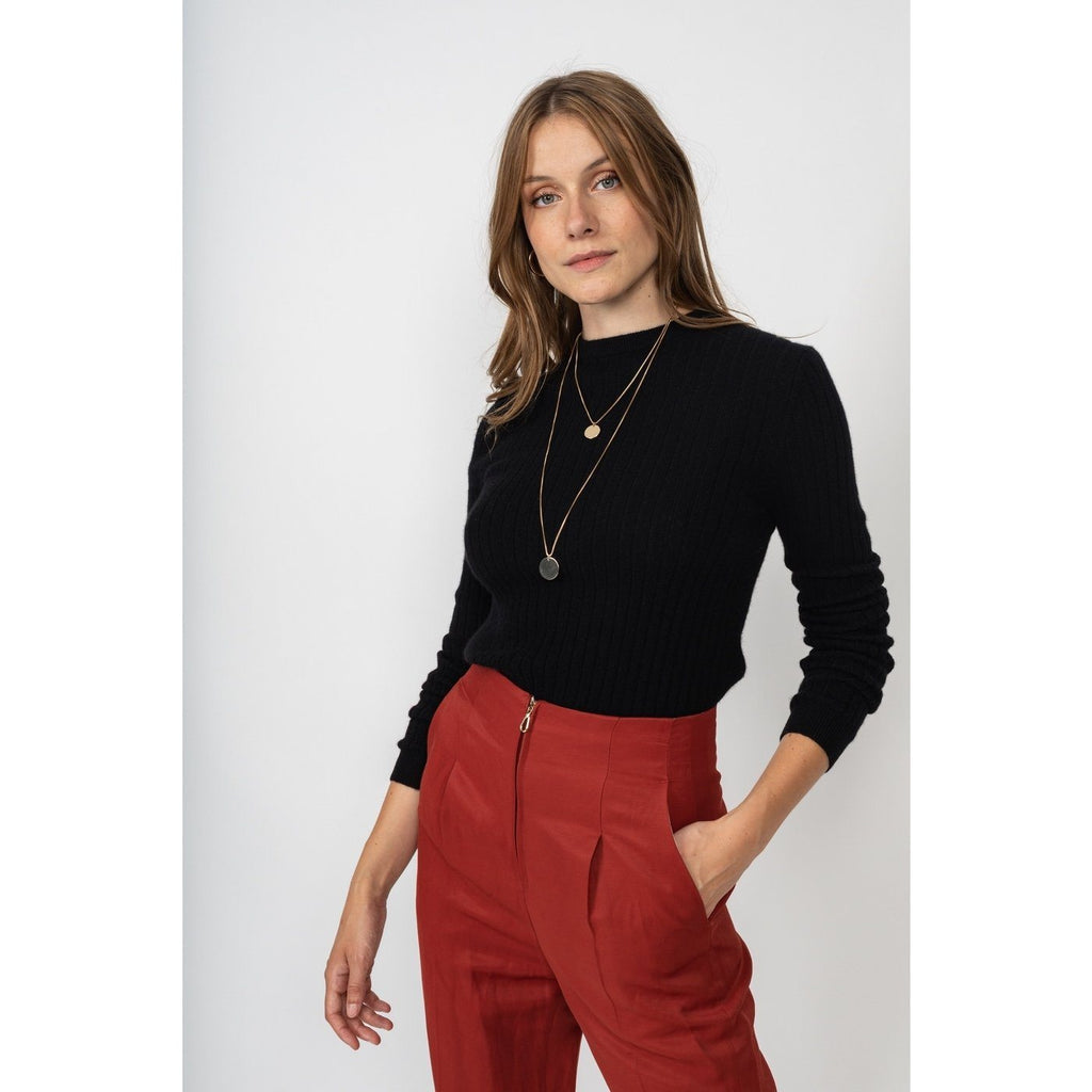 Pull Col Rond Kylie Noir, 100% Cachemire, 2 Fils, Côtes Traditionelles - Femme - Perfect Cashmere - The Bradery