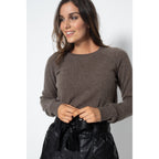Pull Col Rond Wilma Taupe, Jersey, 100% Cachemire, 2 Fils - Femme - Perfect Cashmere - The Bradery