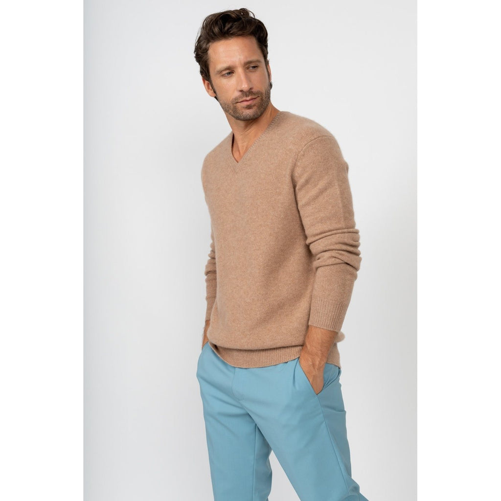 Pull Col V Enzo Camel, 100% Cachemire, 4 Fils, Jersey, 332Gr - Homme - Perfect Cashmere - The Bradery