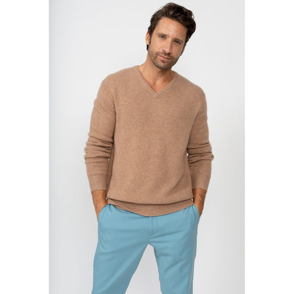 Pull Col V Enzo Camel, 100% Cachemire, 4 Fils, Jersey, 332Gr - Homme - Perfect Cashmere - The Bradery