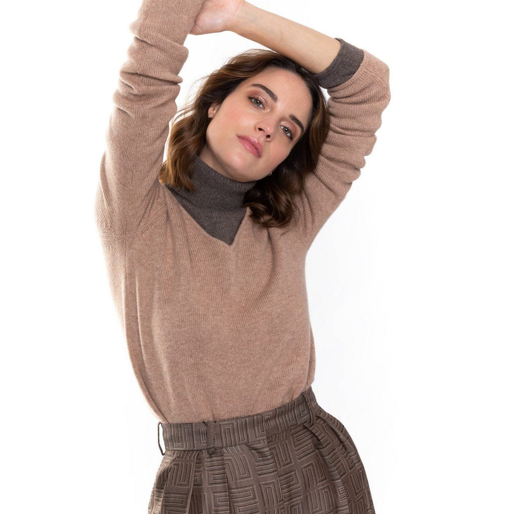 Pull Col V Gaby Camel, 100% Cachemire, 4 Fils, Jersey - Femme - Perfect Cashmere - The Bradery