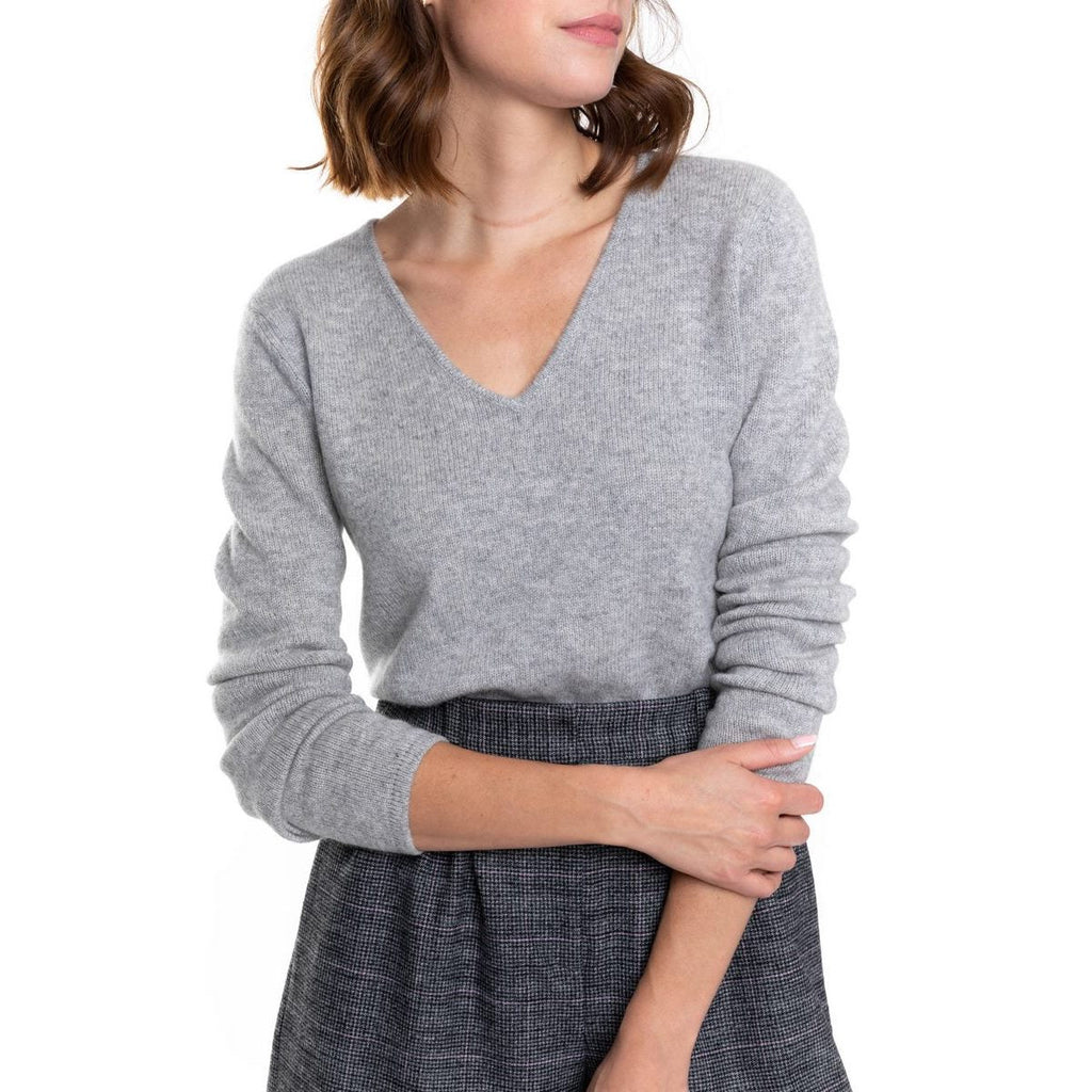 Pull Col V Gaby Gris Chine, Jersey, 100% Cachemire, 4 Fils - Femme - Perfect Cashmere - The Bradery