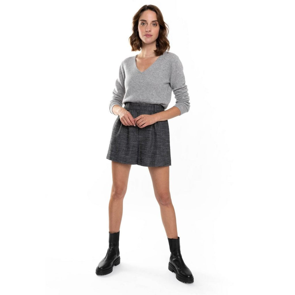 Pull Col V Gaby Gris Chine, Jersey, 100% Cachemire, 4 Fils - Femme - Perfect Cashmere - The Bradery