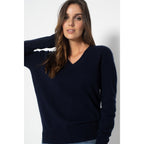 Pull Col V Kalie Marine, Jersey, 100% Cachemire, 2 Fils - Femme - Perfect Cashmere - The Bradery