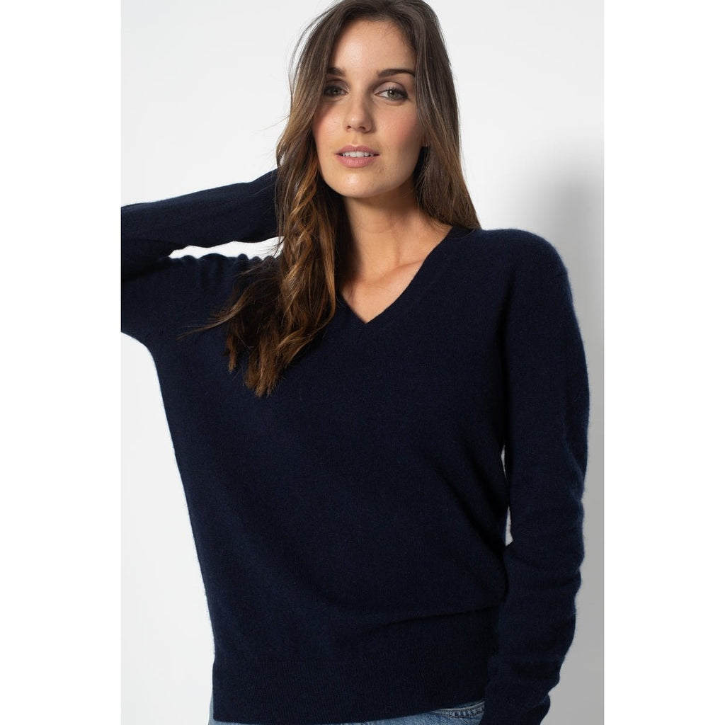 Pull Col V Kalie Marine, Jersey, 100% Cachemire, 2 Fils - Femme - Perfect Cashmere - The Bradery
