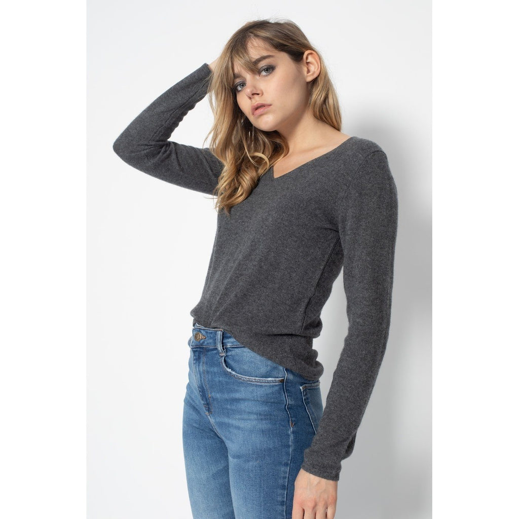 Pull Col V Shannon Gris Sombre, 100% Cachemire, 2 Fils, Jersey - Femme - Perfect Cashmere - The Bradery