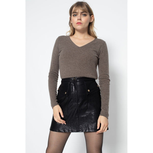 Pull Col V Shannon Taupe, 100% Cachemire, 2 Fils, Jersey - Femme - Perfect Cashmere - The Bradery