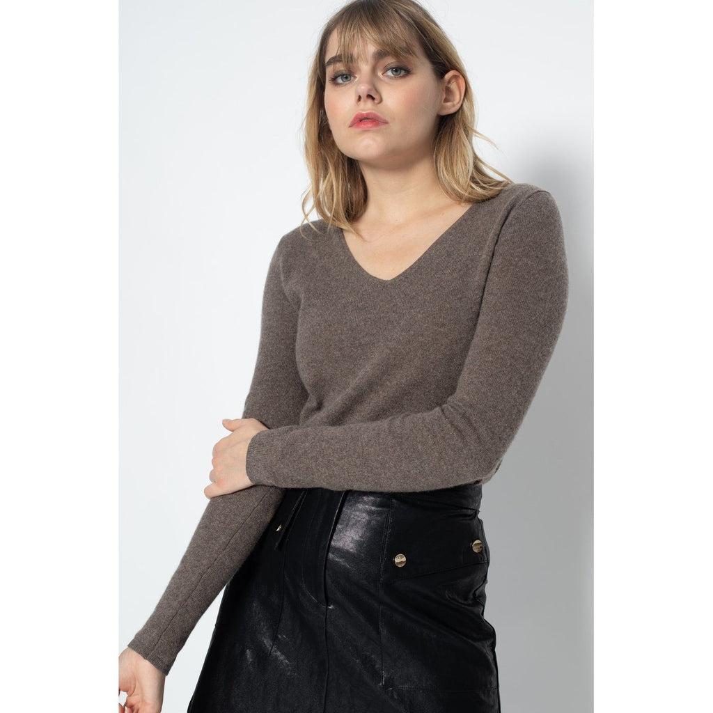 Pull Col V Shannon Taupe, 100% Cachemire, 2 Fils, Jersey - Femme - Perfect Cashmere - The Bradery