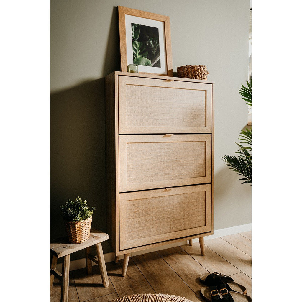 Rangement Chaussures 3 Portes L70 cm - Impression Rotin - Bali - Décor Bois