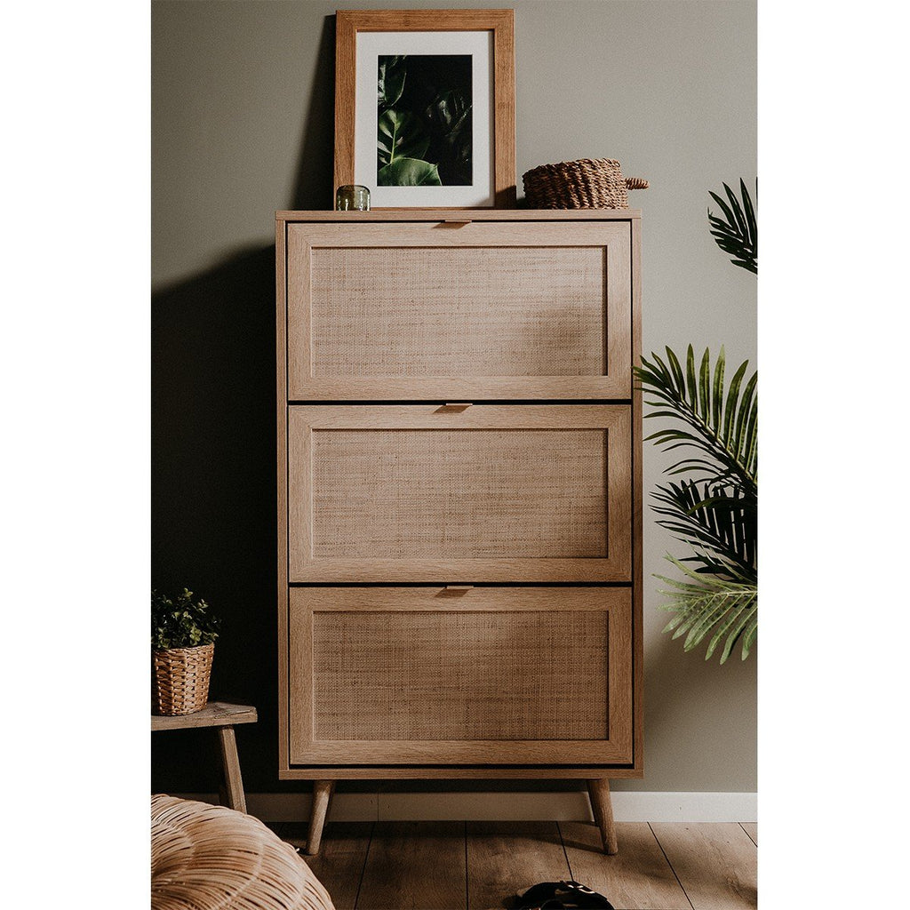 Rangement Chaussures 3 Portes L70 cm - Impression Rotin - Bali - Décor Bois