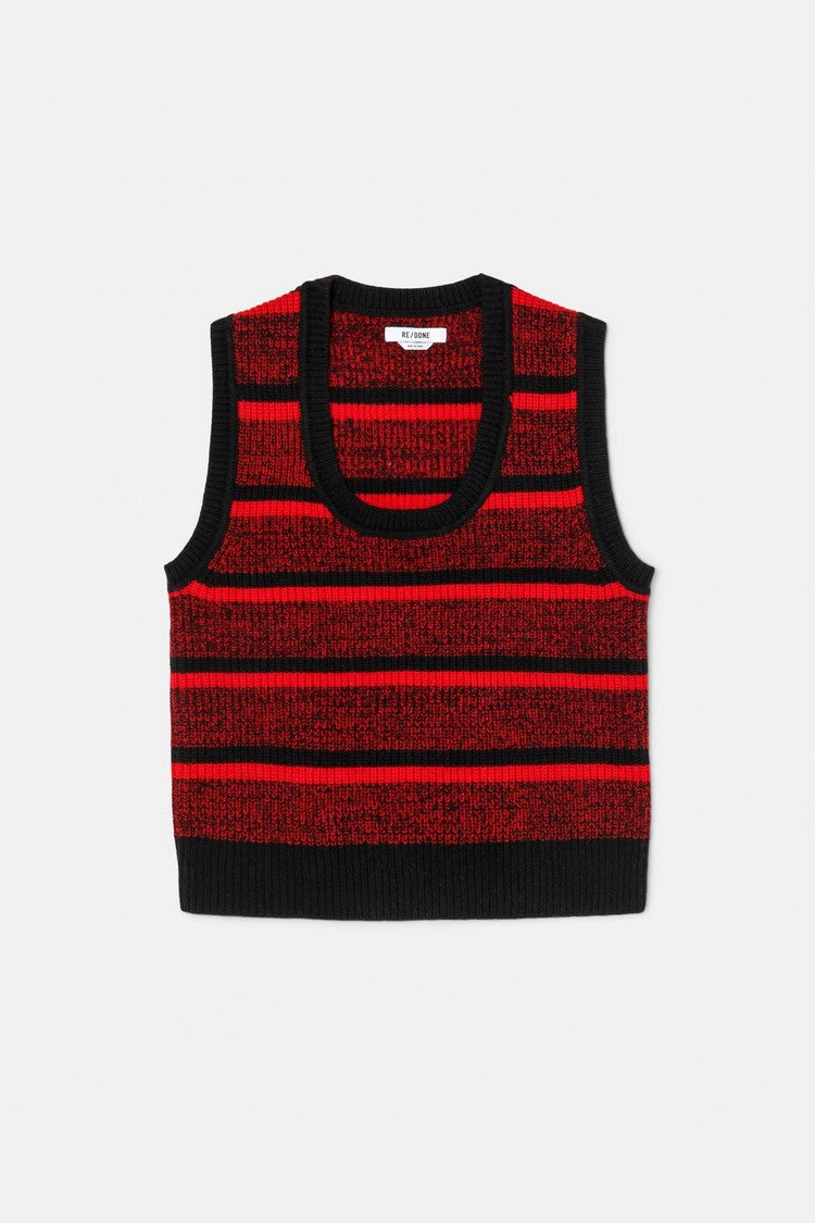 Top U Neck Sweater Vest - Red Black Stripe