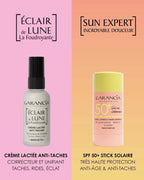 Comparaison Duo Garancia Éclair de Lune La Foudroyante et Sun Expert : crème lactée anti-taches correctrice et stick solaire SPF 50+ très haute protection anti-âge.