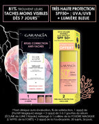 Coffret Garancia Rituel Correction Anti-Taches : crème Éclair de Lune La Foudroyante et Stick Solaire SPF 50+ offert. Affiche avec résultats cliniques : 81% de taches moins visibles dès 7 jours.