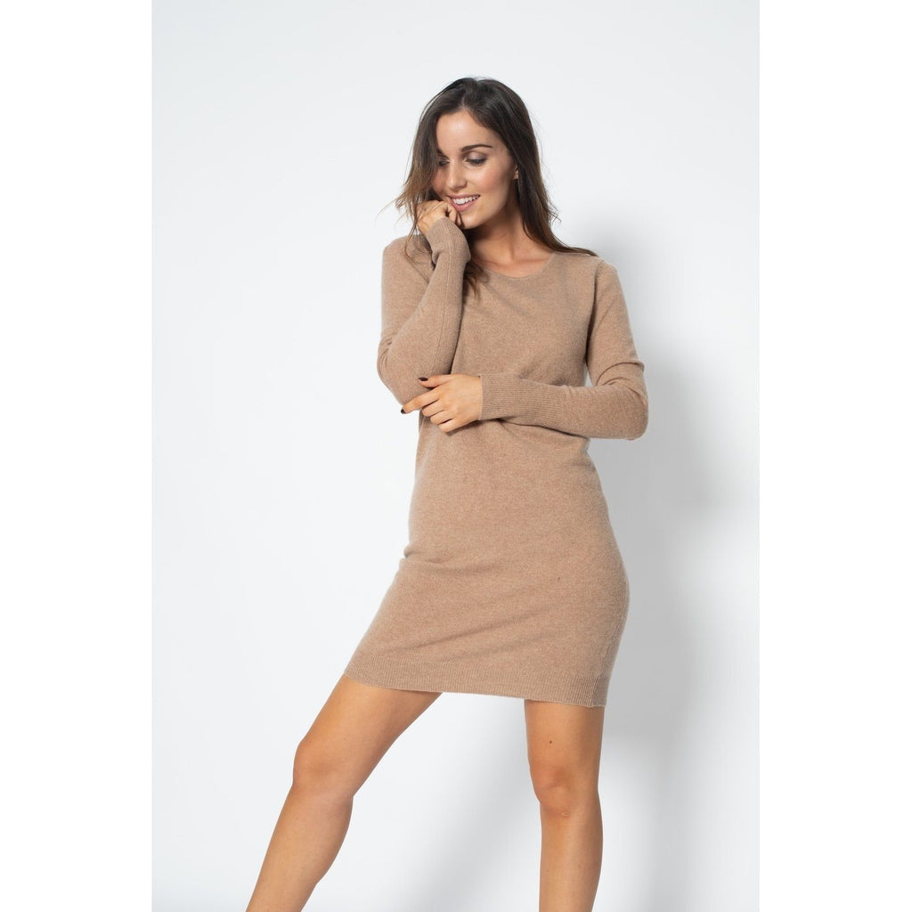 Robe Col Rond Molli Camel, 100% Cachemire, 2 Fils, Jersey - Femme Robes Perfect Cashmere
