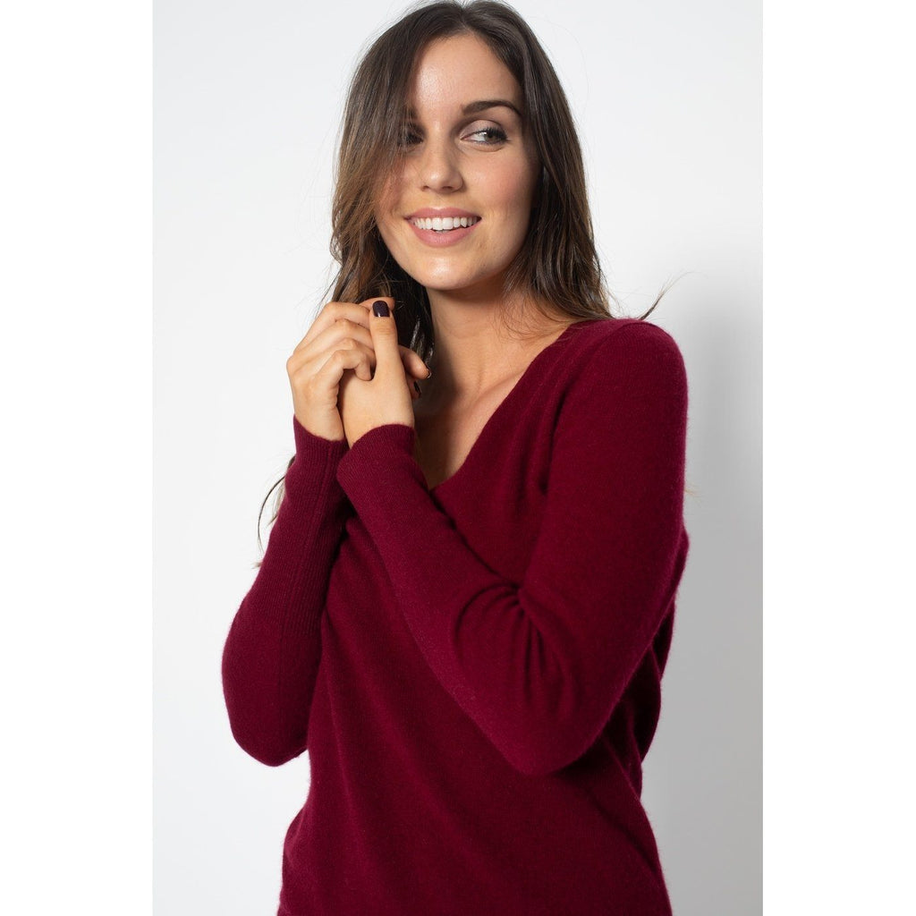 Robe Col V Joy Burgundy, 100% Cachemire, 2 Fils, Jersey - Femme - Perfect Cashmere - The Bradery