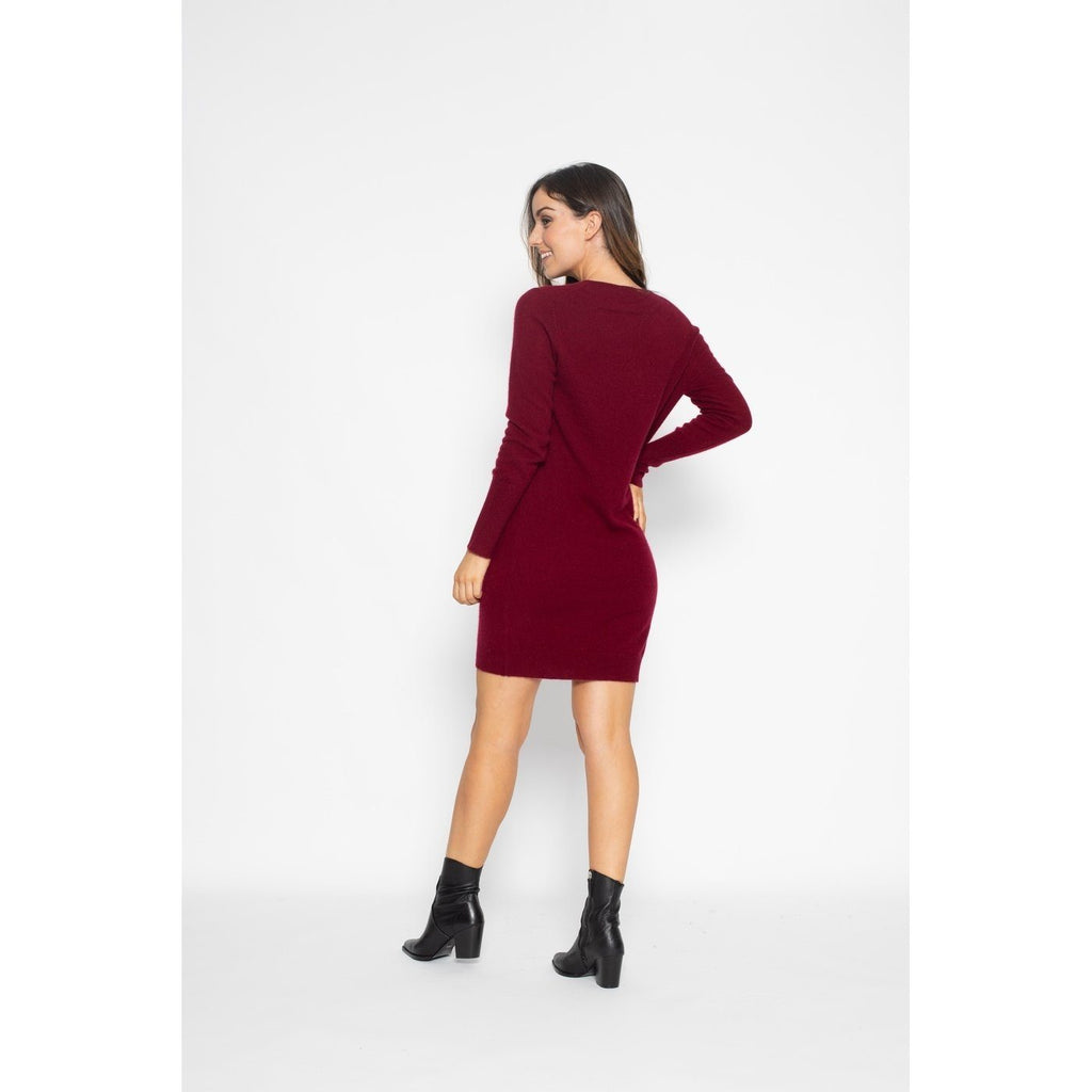 Robe Col V Joy Burgundy, 100% Cachemire, 2 Fils, Jersey - Femme - Perfect Cashmere - The Bradery