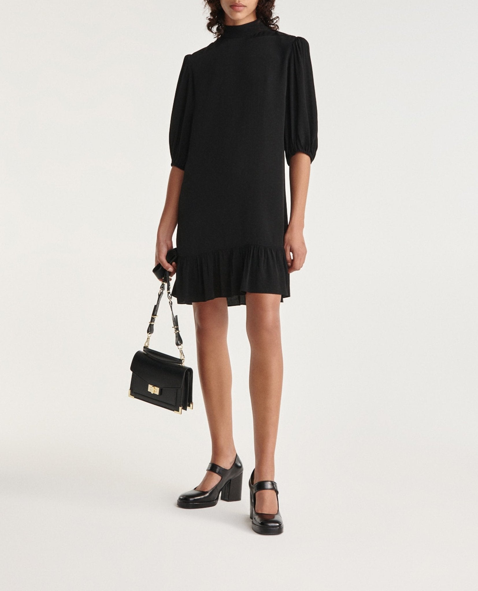 The Kooples - Robe Courte Noire À Volants Col Montant - Femme