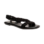 Ronda Black Flat Asymmetric Sandal with braided straps and sleek leather sole for a chic summer look.
