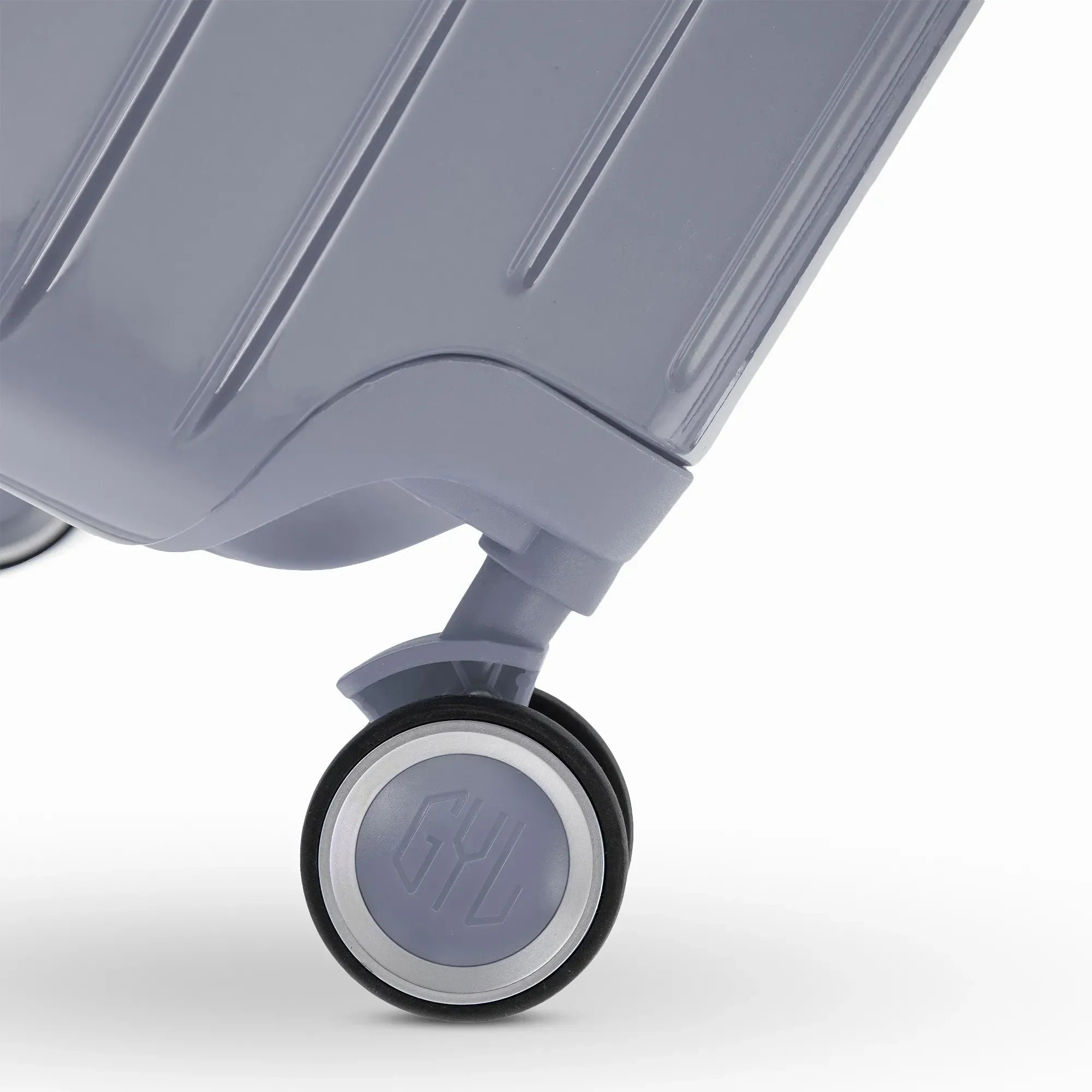 Roue double 360° de la valise GYL Intemporelle argent avec gravure du logo GYL sur le moyeu. #couleur_argent