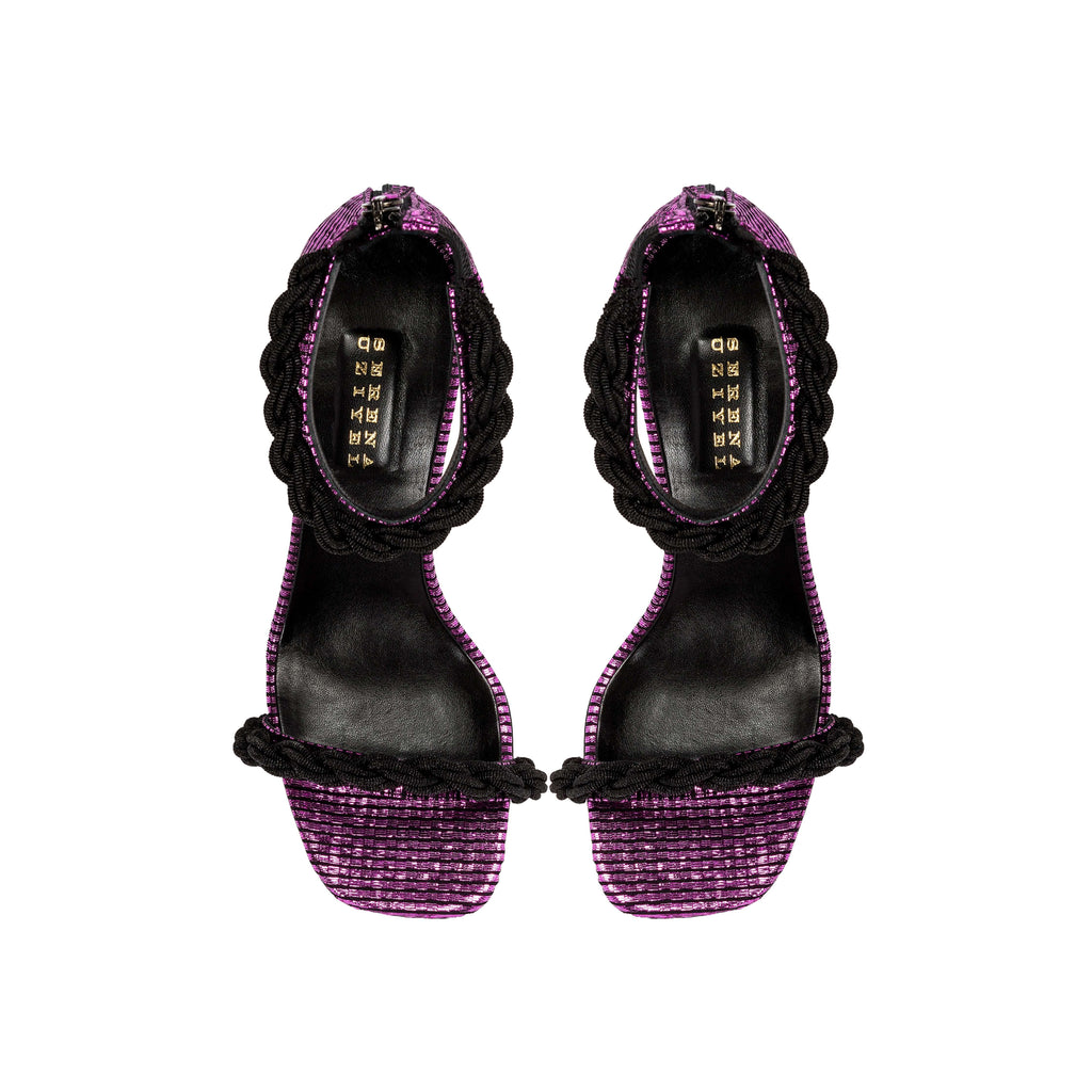 Roxana Disco High-Heel Ankle Sandal in iridescent leather with braided straps, showcasing a 90mm stiletto heel.