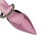 Roxana Lila mules pump in soft pink satin with braided strap, perfect for elegant occasions and stylish outings.