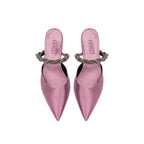 Roxana Lila Mules Pump in elegant pink satin with braided strap detail, perfect for stylish occasions.