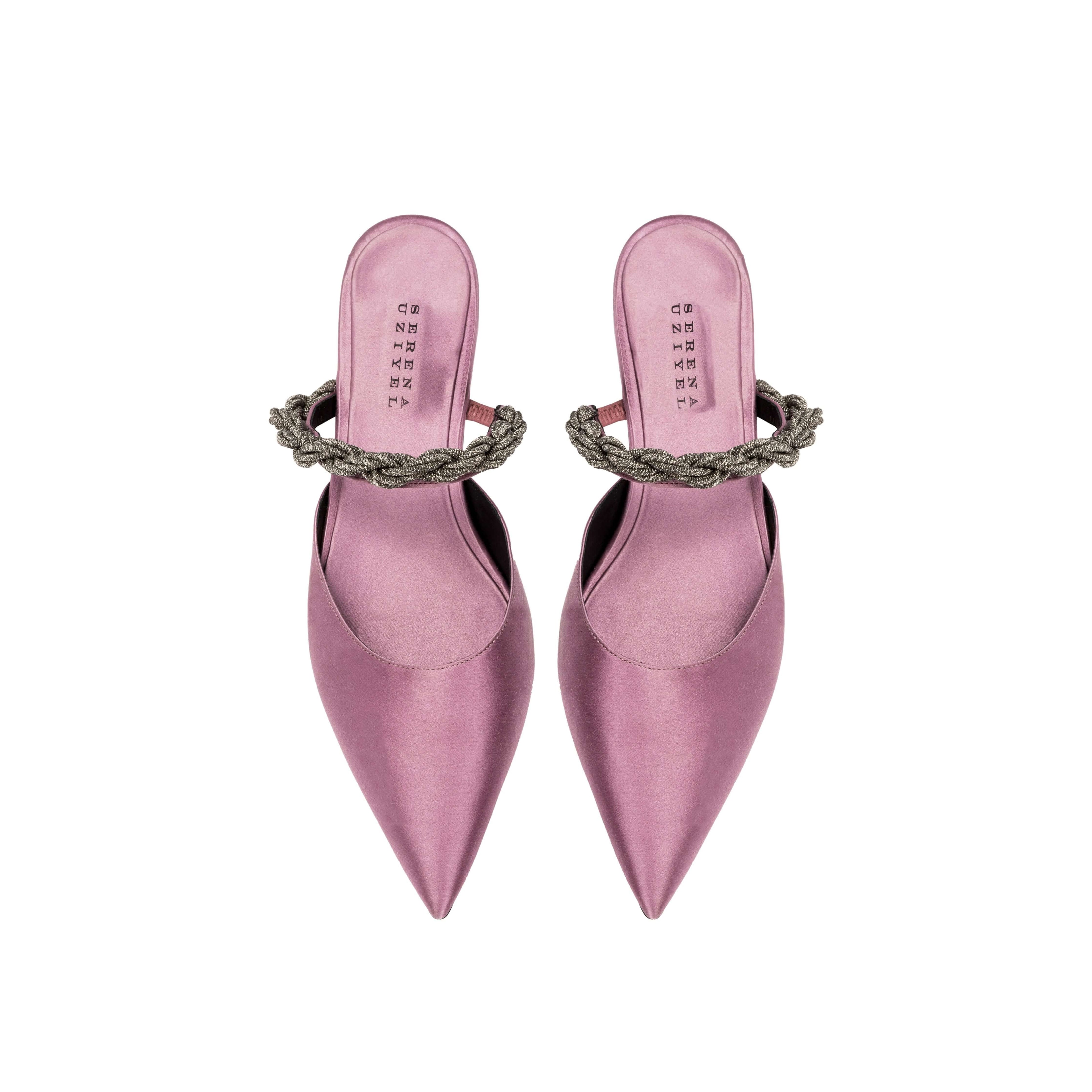 Roxana Lila Mules Pump in elegant pink satin with braided strap detail, perfect for stylish occasions.